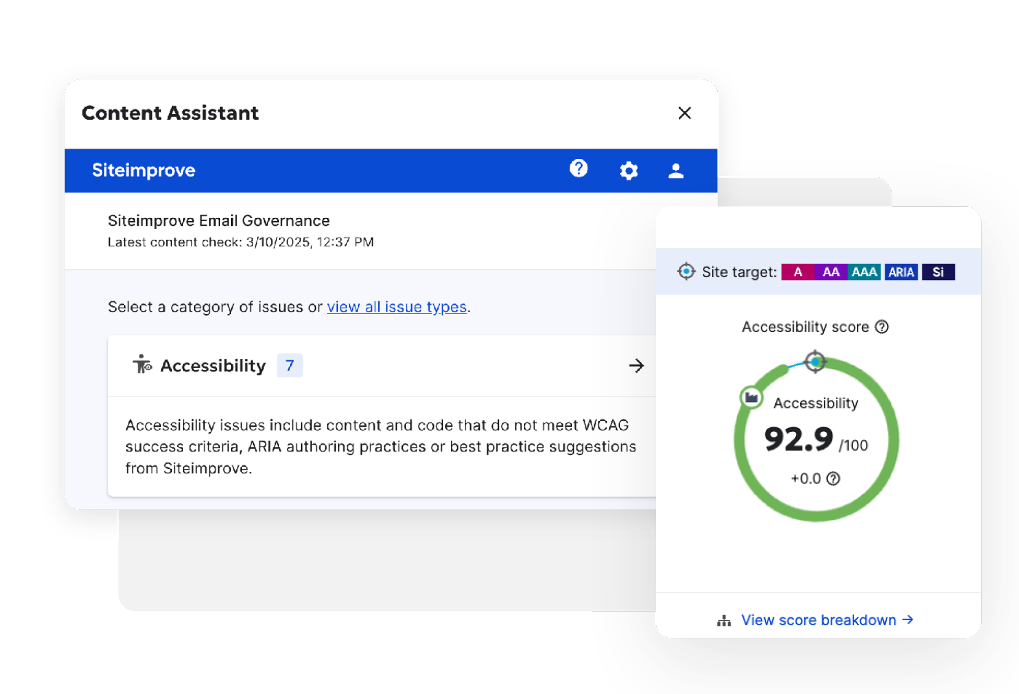 Screenshot of Siteimprove's Content Assistant displaying accessibility issues and a WCAG compliance score of 92.9. It highlights seven accessibility issues related to ARIA and best practices.